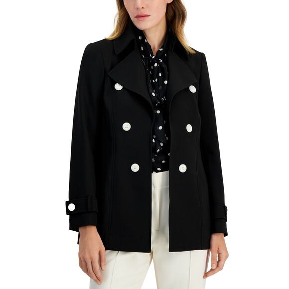 Anne Klein Women's Faux Double-Breasted Trench Coat Black NWT Size 14 - Picture 1 of 9
